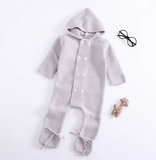 Baby Knit Cotton Jumpsuit with Hood – Gray