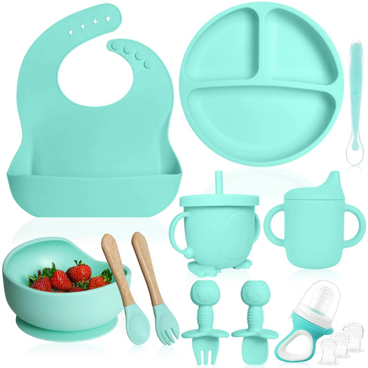 🥗 Bluet B™ 11-Piece Silicone Baby Feeding Set – Pacifier, Suction Plate, Bowl, Cups & Utensils (Green)