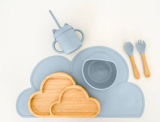 ☁️ Cloudy Comfort Silicone Baby Feeding Set – BPA-Free Plate, Bowl, Bib & Utensils (Blue)