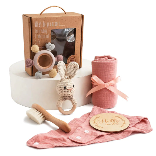 Baby Bath & Care Gift Set – 6-Piece Essentials with Wooden Brush, Teether & Towel (Neutral)