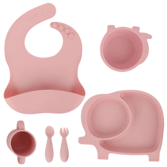 Silicone Baby Feeding Set – Elephant Plate + Bib & Utensils (Pink)
