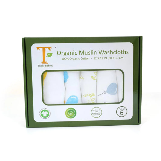 T 100% Organic Muslin Cotton Baby Washcloths – 6 Pack