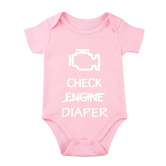 Funny “Check Engine Diaper” Baby Bodysuit – Pink (6M)
