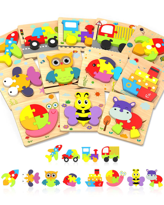 Wooden Toddler Puzzle Set – 12-Piece Vehicle Learning Toys for Ages 2–4 🚗🚌