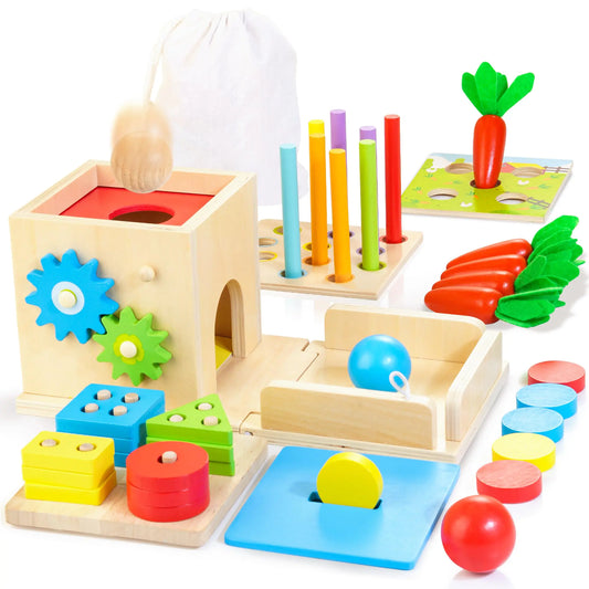 Kizfarm™ 8-in-1 Montessori Wooden Toy Kit – Shape Sorter, Coin Box & More 🌱