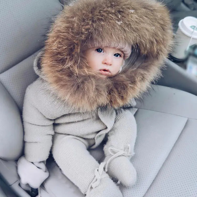Baby Knit Cotton Jumpsuit with Hood – Gray