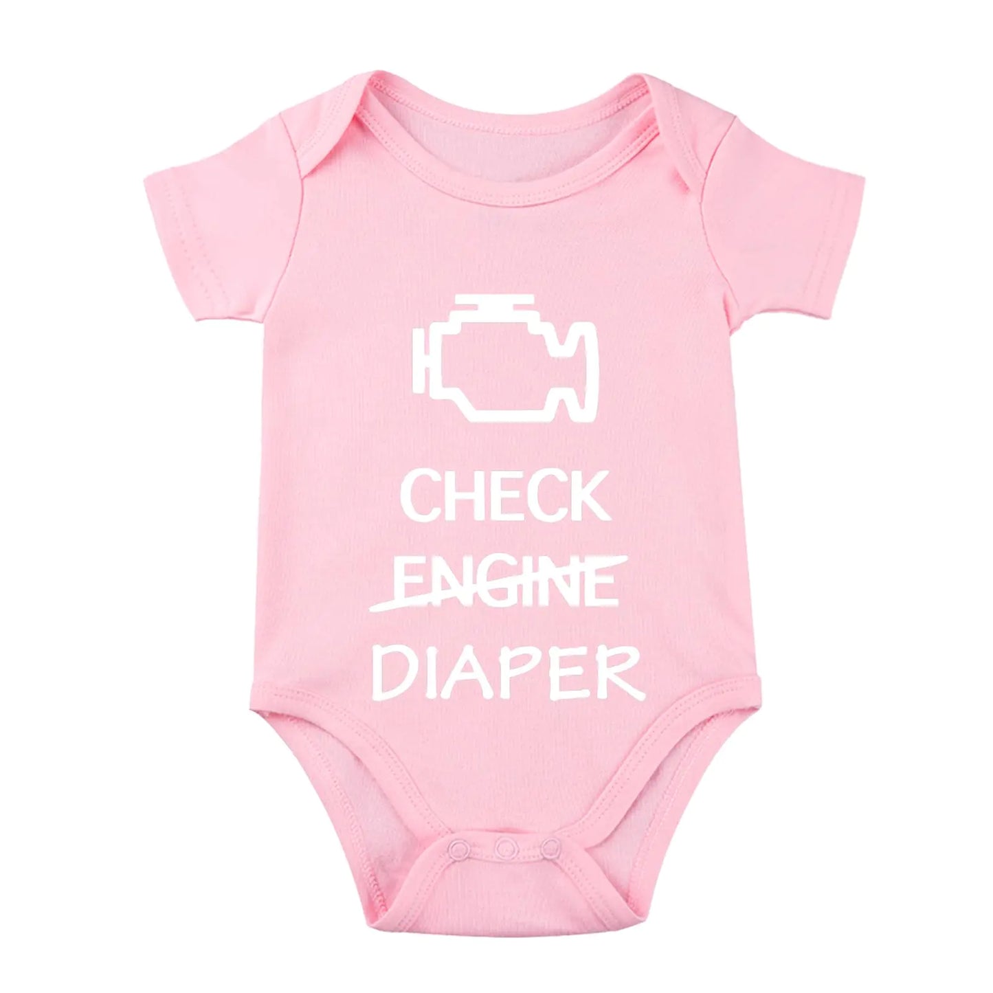 Funny “Check Engine Diaper” Baby Bodysuit – Pink (6M)