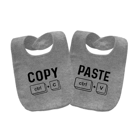 Kindora Twin Bib Set — Funny ‘Copy & Paste’ Baby Bibs (Grey, 2-Pack)