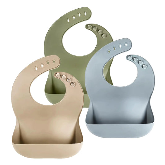 Kindora Silicone Bib Set — 3 Adjustable Baby Feeding Bibs (Neutral Colors)