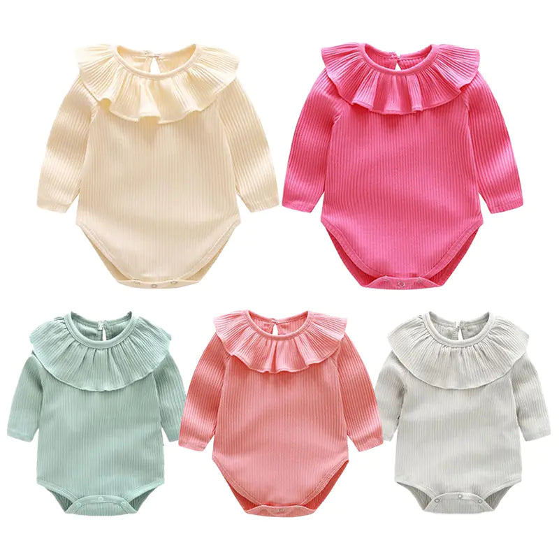 Long Sleeve Ruffled Solid Color Baby Romper Outfit