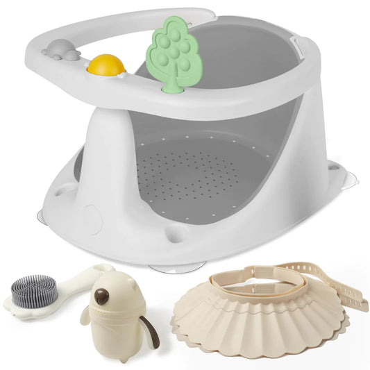 TOSGN Baby Bath Seat Set – Grey with Rinse Cup, Brush & Shower Cap (6–18 Months)