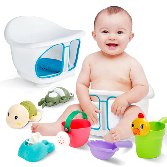 Elotugool™ 7-Piece Baby Bath Seat & Toy Set – Infant & Toddler Bathtub Chair with Rinse Cups