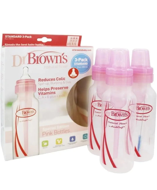 💗 Dr. Brown’s Anti-Colic Bottles – 3-Pack, Pink, 8oz