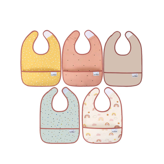 🌟 YKVOSAR 5-Pack Waterproof Baby Bibs – Soft, Washable Feeding Bibs (Yellow White Dots)