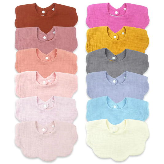 12-Pack Muslin Baby Bibs – Absorbent & Breathable (Neutral & Pastel Colors)