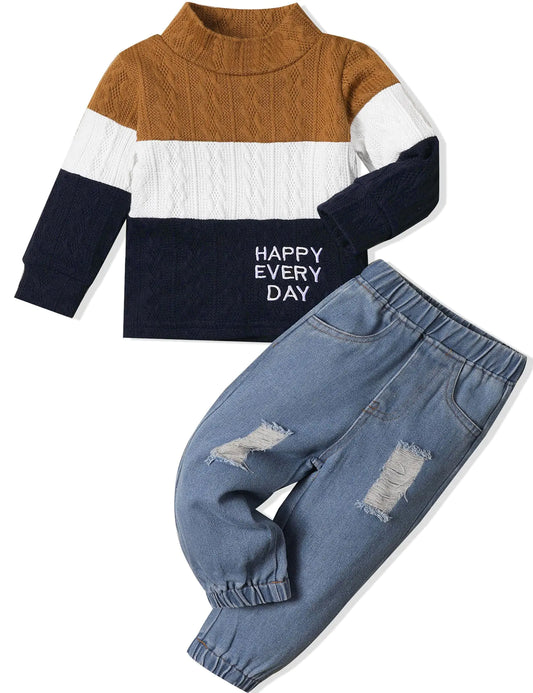 mksodopy Toddler Boy Sweater & Jeans Set