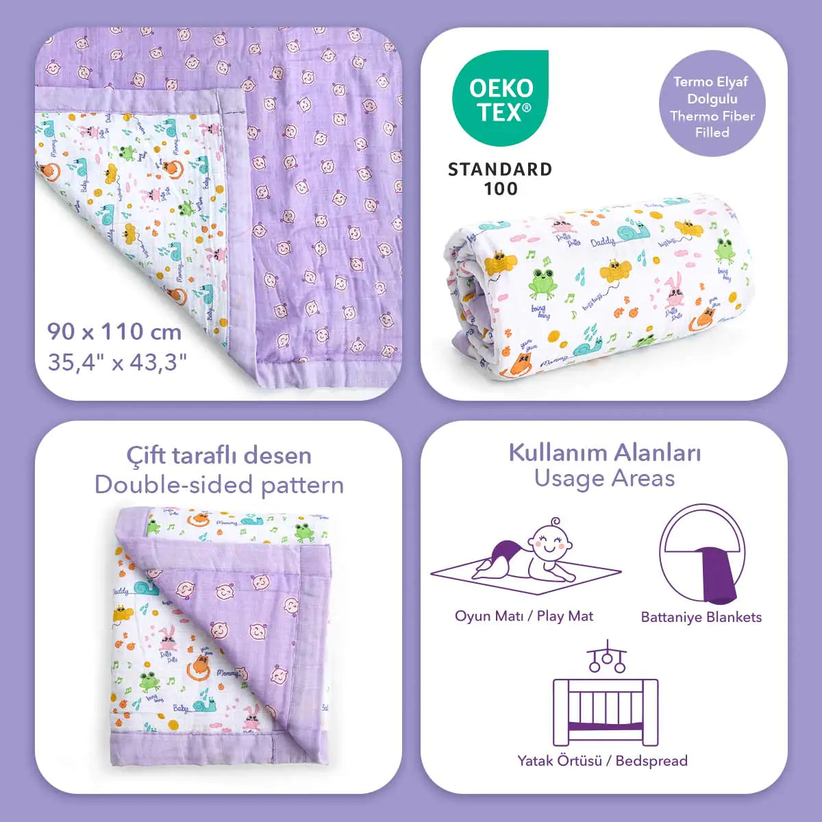 Milk & Moo™ Friends Quilted Muslin Blanket – 4-Layer Soft & Snuggly Comfort