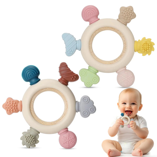 Kindora Teething Ring Set — 2-Pack Wooden & Silicone Baby Chew Toys