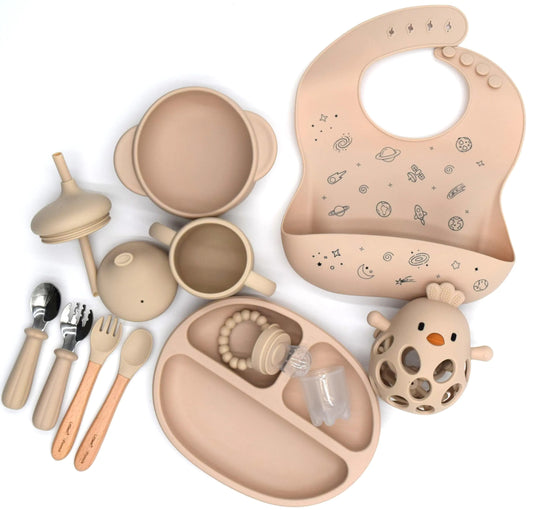 Littlest Flavors Essentials Bundle:Silicone Baby Feeding Set Baby Feeding Set for Joyful Infant Meals Feeding Set for Easy Clean-Up Baby Silicone Feeding Set Gourmet Beginnings (Beige)