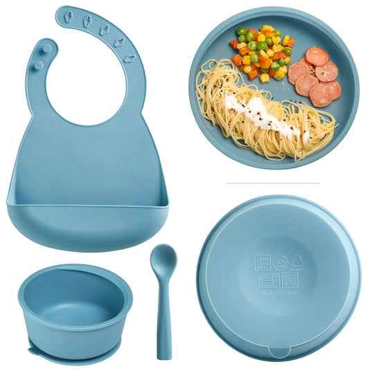 KUB Silicone Feeding Set – Suction Bowl, Plate & Utensils (Blue)
