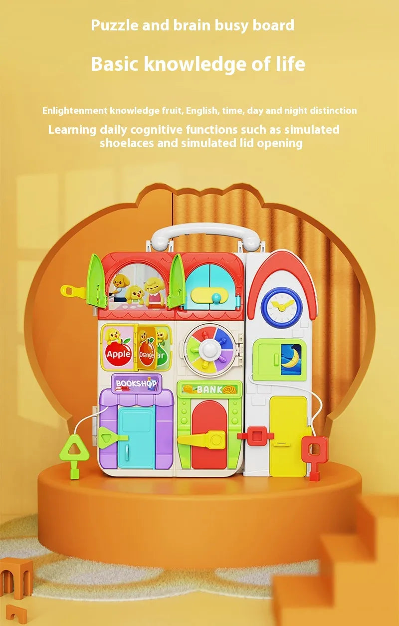🧩 Montessori Busy Board – Interactive Toddler Learning Toy with Locks, Gears & Shapes