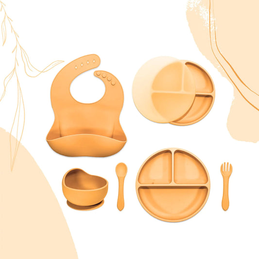 Bebe Love™ Complete Silicone Baby Feeding Set – 6 Pieces with Suction Plate, Bowl, Bib, Cup, Lid, Fork & Spoon