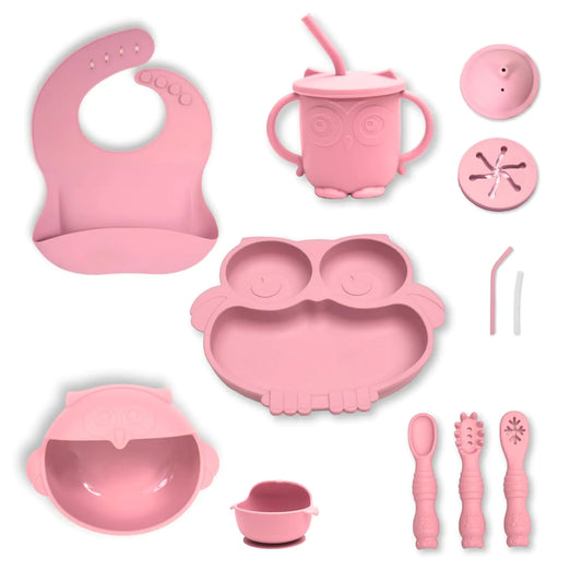 Eco-Friendly Silicone Baby Feeding Set – Owl Bib, Suction Bowl & Plate, Utensils & Cup (Light Pink) 🦉💗
