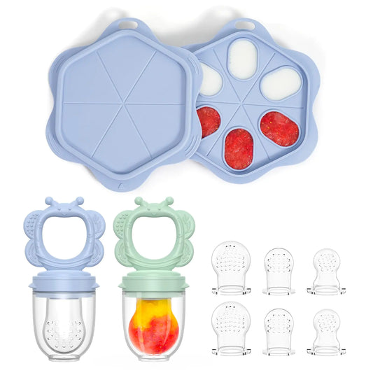 Silicone Baby Fruit Food Feeder (2 Pack) with Freezer Nibble Tray Breastmilk Popsicle Molds for Baby Teething Relief Silicone Feeder for Safe Infant Self Feeding BPA Free Dishwasher Safe 3 Month+