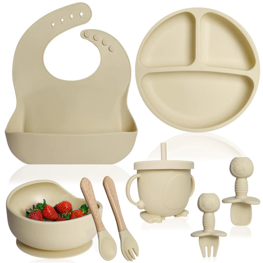 🍓 Bluet B – Silicone Baby Feeding Set (Beige, 8pcs)
