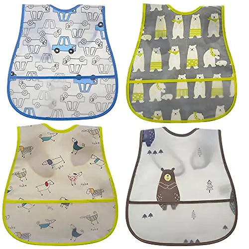Waterproof Baby Bibs with Food Catcher – 4 Pack (Car, Puppy, Bear)