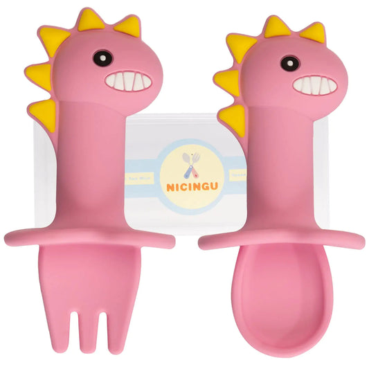Kindora DinoBites Toddler Cutlery Set — Fun Pink Dinosaur Spoon & Fork