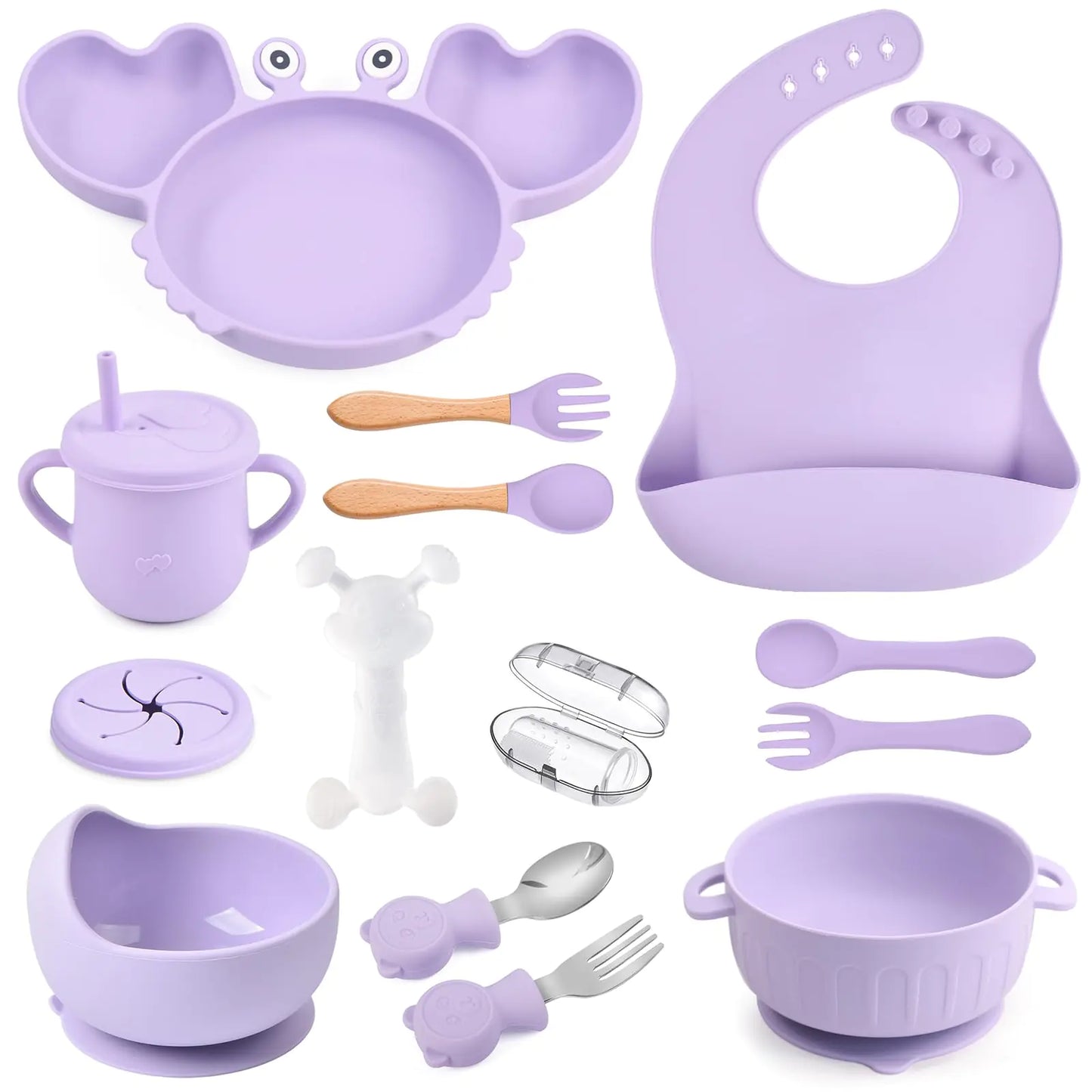Kindora™ 15-Piece Silicone Baby Feeding Set – Purple