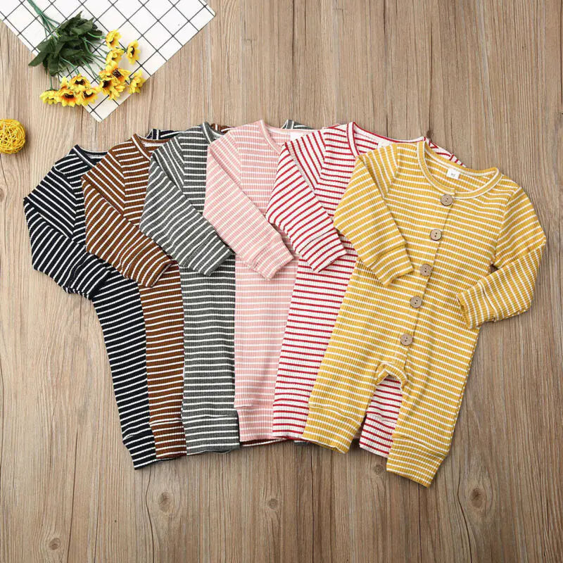 Cozy Striped Knit Baby Onesie – Long Sleeve Button-Up