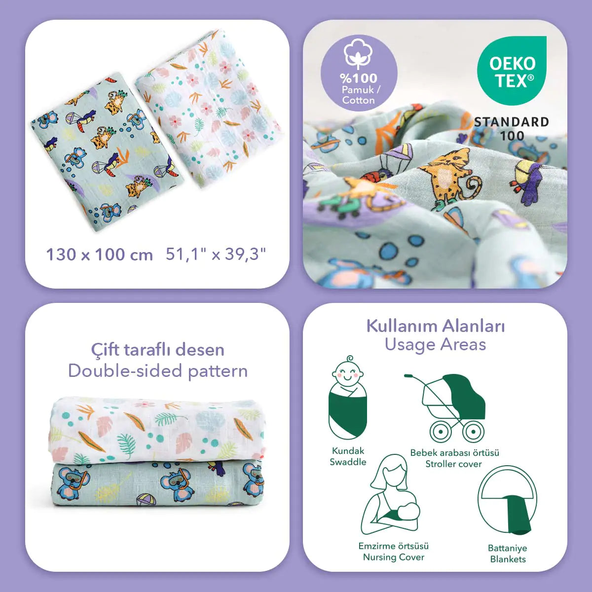Milk & Moo™ 2-Pack Muslin Baby Blankets – Jungle Friends Print
