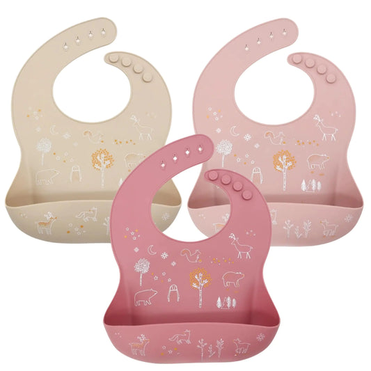 💕 Silicone Baby Bib Set – 3 Soft, Waterproof Bibs with Food Catcher (Dark Pink, Rose Pink, Beige)