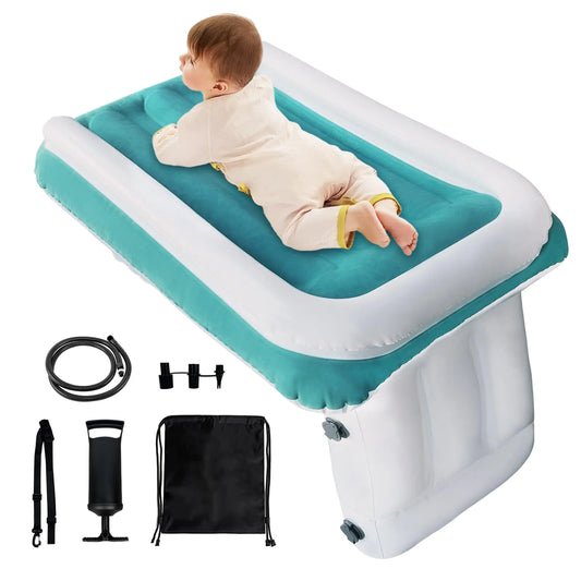 Inflatable Toddler Travel Bed with Airplane Seat Extender – Blue