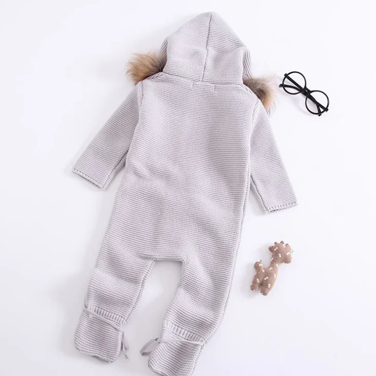 Baby Knit Cotton Jumpsuit with Hood – Gray