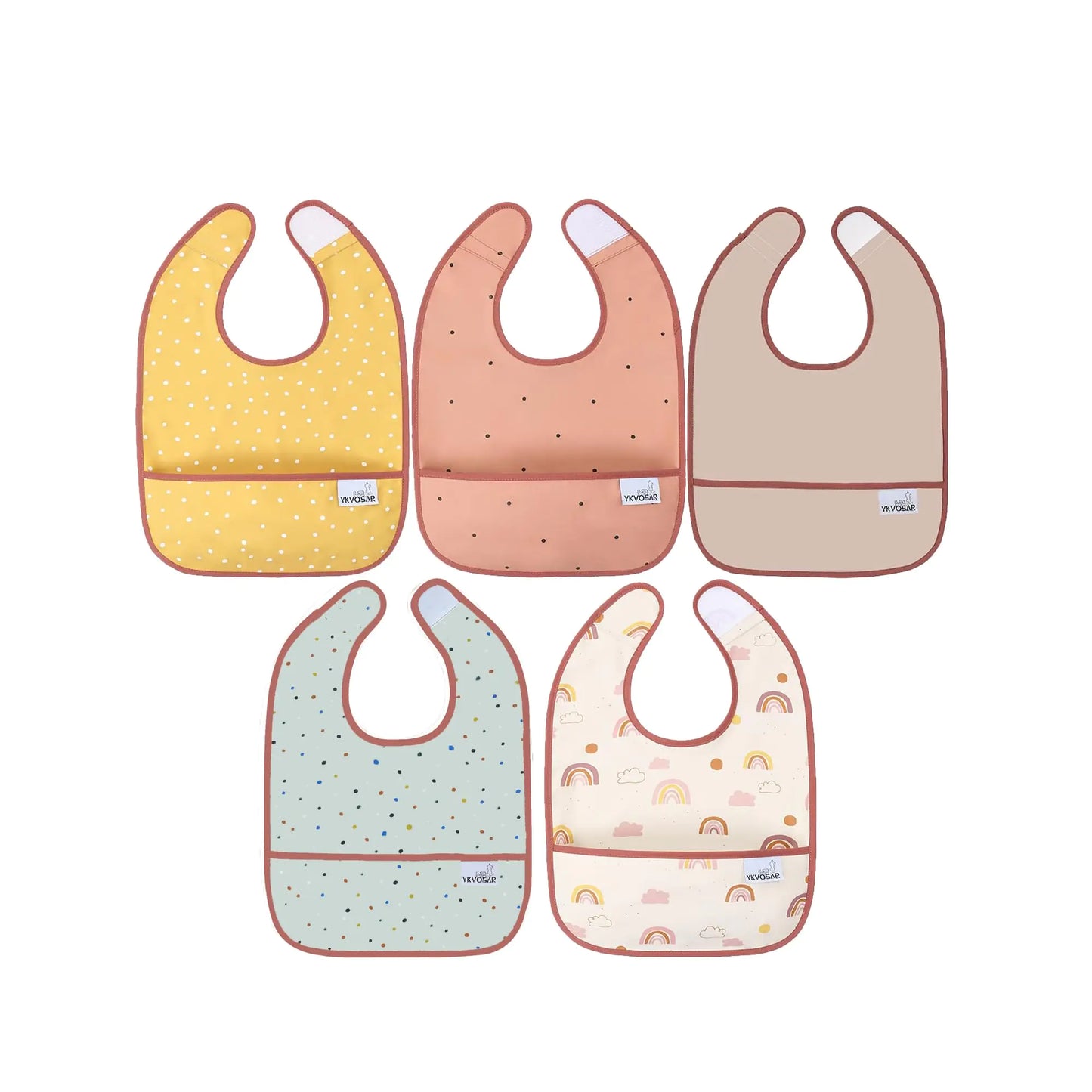 🌟 YKVOSAR 5-Pack Waterproof Baby Bibs – Soft, Washable Feeding Bibs (Yellow White Dots)