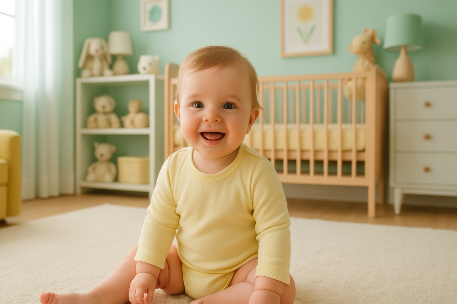 Bright, airy lifestyle photo of a happy baby in a cozy pastel nursery. Soft natural lighting, mint and butter yellow accents, neutral wooden crib in background, plush toys neatly arranged, shallow depth of field, editorial e-commerce style, 16:9 aspect ratio.