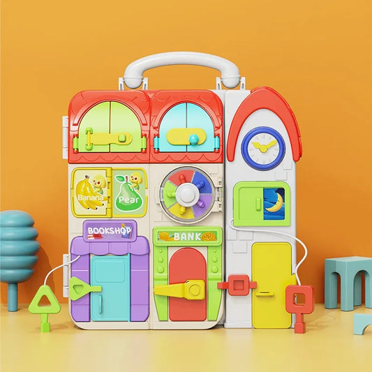 🧩 Montessori Busy Board – Interactive Toddler Learning Toy with Locks, Gears & Shapes