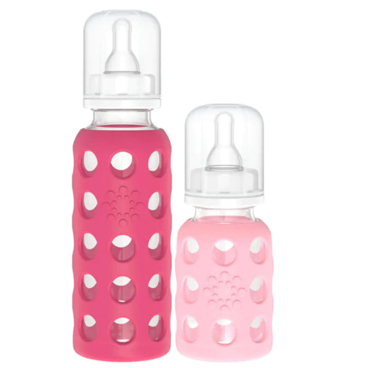 Lifefactory® Raspberry & Pink Glass Baby Bottle Set – 2-Pack (4oz & 9oz) with Protective Silicone Sleeves