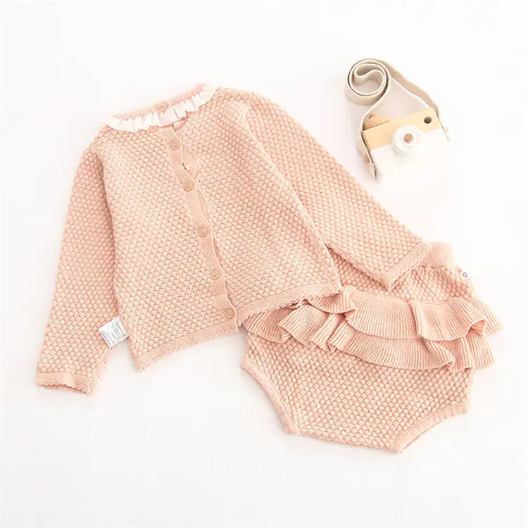 Knit Ruffle Cardigan & Shorts Set – Baby Girl Spring/Fall Outfit