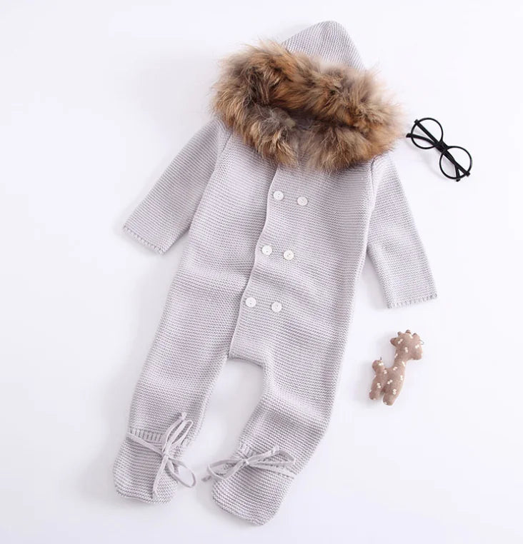 Baby Knit Cotton Jumpsuit with Hood – Gray