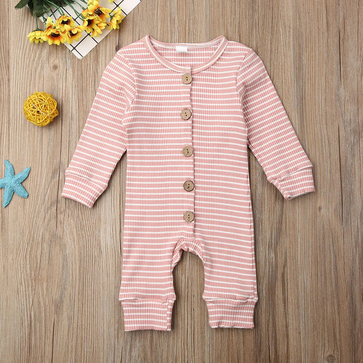 Cozy Striped Knit Baby Onesie – Long Sleeve Button-Up