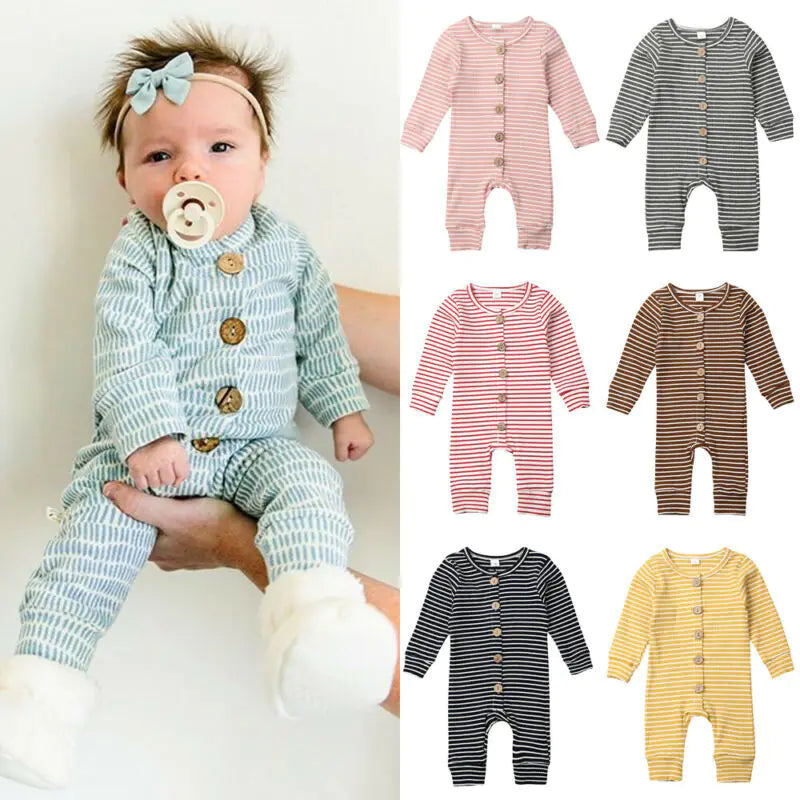Cozy Striped Knit Baby Onesie – Long Sleeve Button-Up