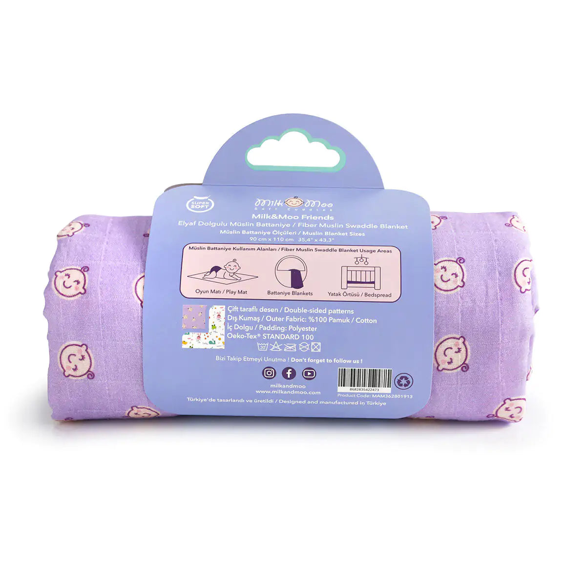 Milk & Moo™ Friends Quilted Muslin Blanket – 4-Layer Soft & Snuggly Comfort