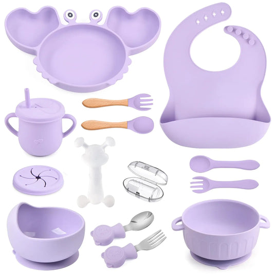 Kindora™ 15-Piece Silicone Baby Feeding Set – Purple