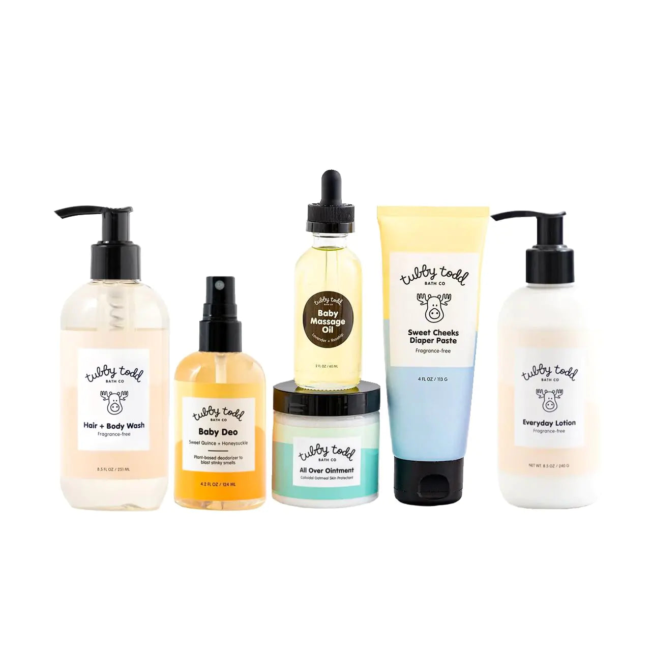 TUBBY TODD Baby Arrival Bath & Skincare Set - The Newborn Gift Set - Baby Shampoo and Body Wash Lotion All Over Ointment Diaper Paste Baby Massage Oil Baby Deo - Standard Size Fragrance-Free